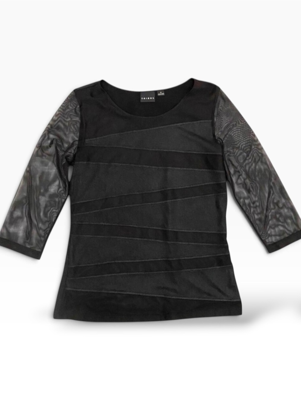Tribal black top jersey sheer mix soft 3/4 sleeve elegant stretch sweater medium